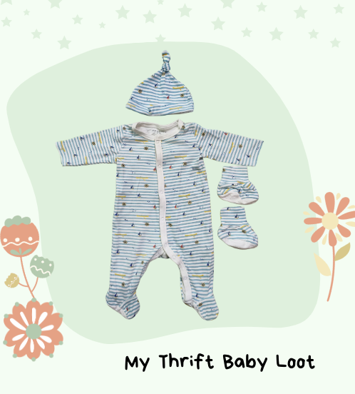 Preloved baby romper with booties and cap (0-3 months)